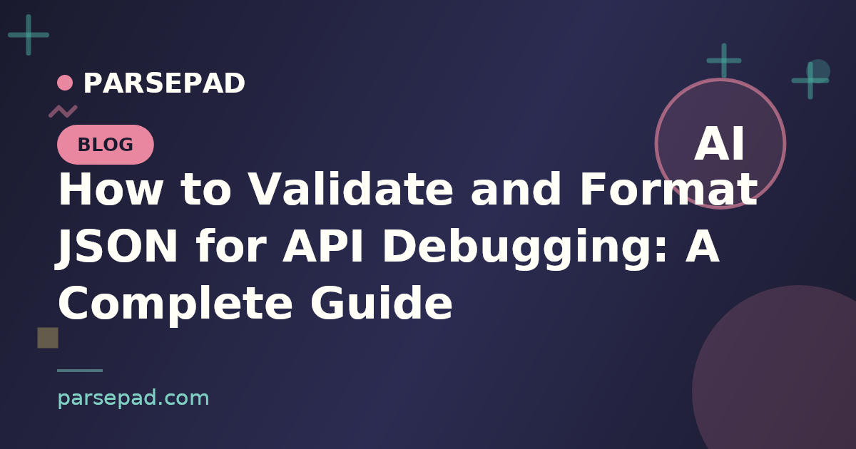 Illustration of JSON code validation with syntax highlighting and checkmarks indicating valid structure for API debugging